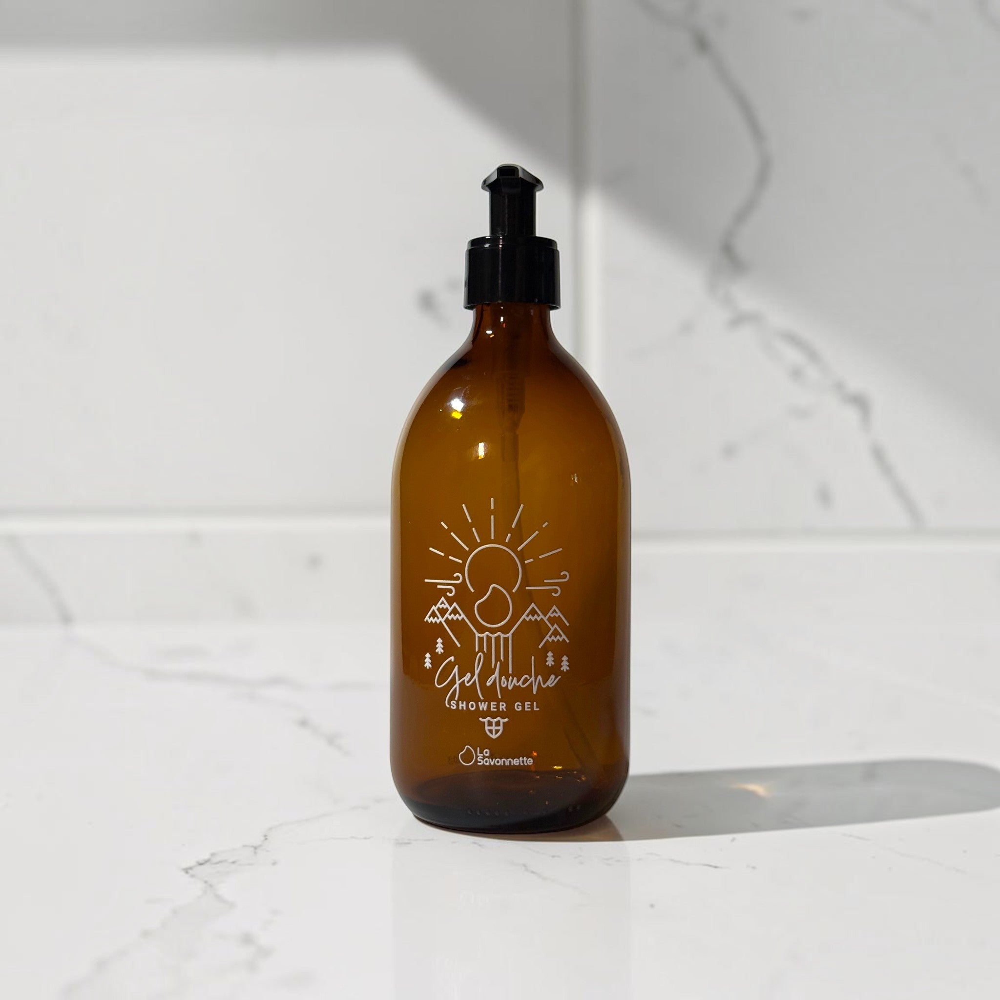 Flacon Verre -  "Gel Douche" Montagne - Sérigraphie 3D - 500 ml