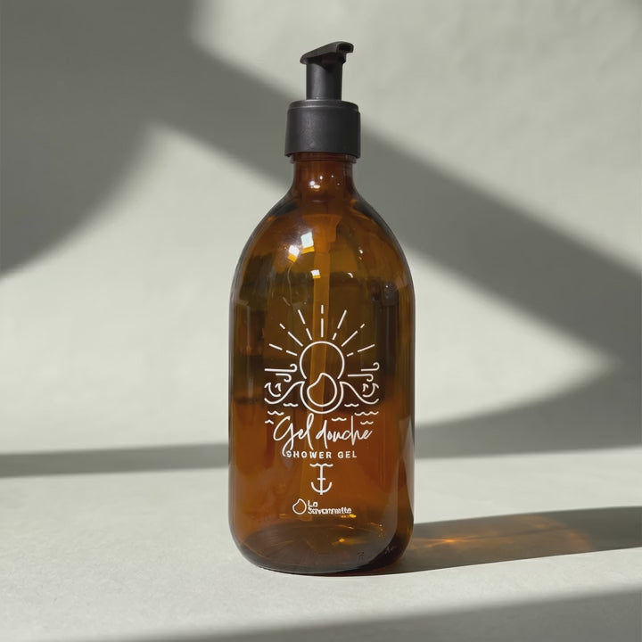 Charger la vidéo : Flacon Verre "Gel Douche Mer "- Sérigraphie 3D - 500ml