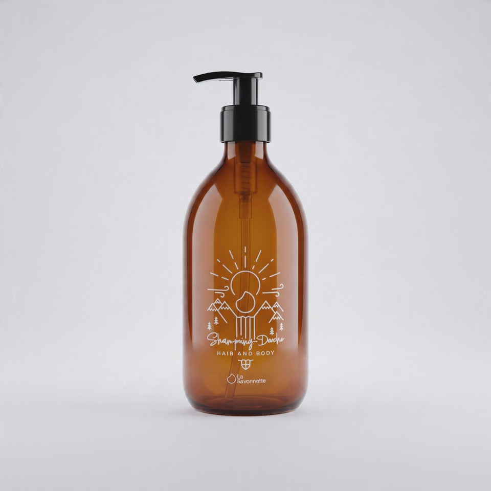 Charger la vidéo : Flacon Verre - Shampoing/Douche - Montagne - Sérigraphie 3D - 500 ml