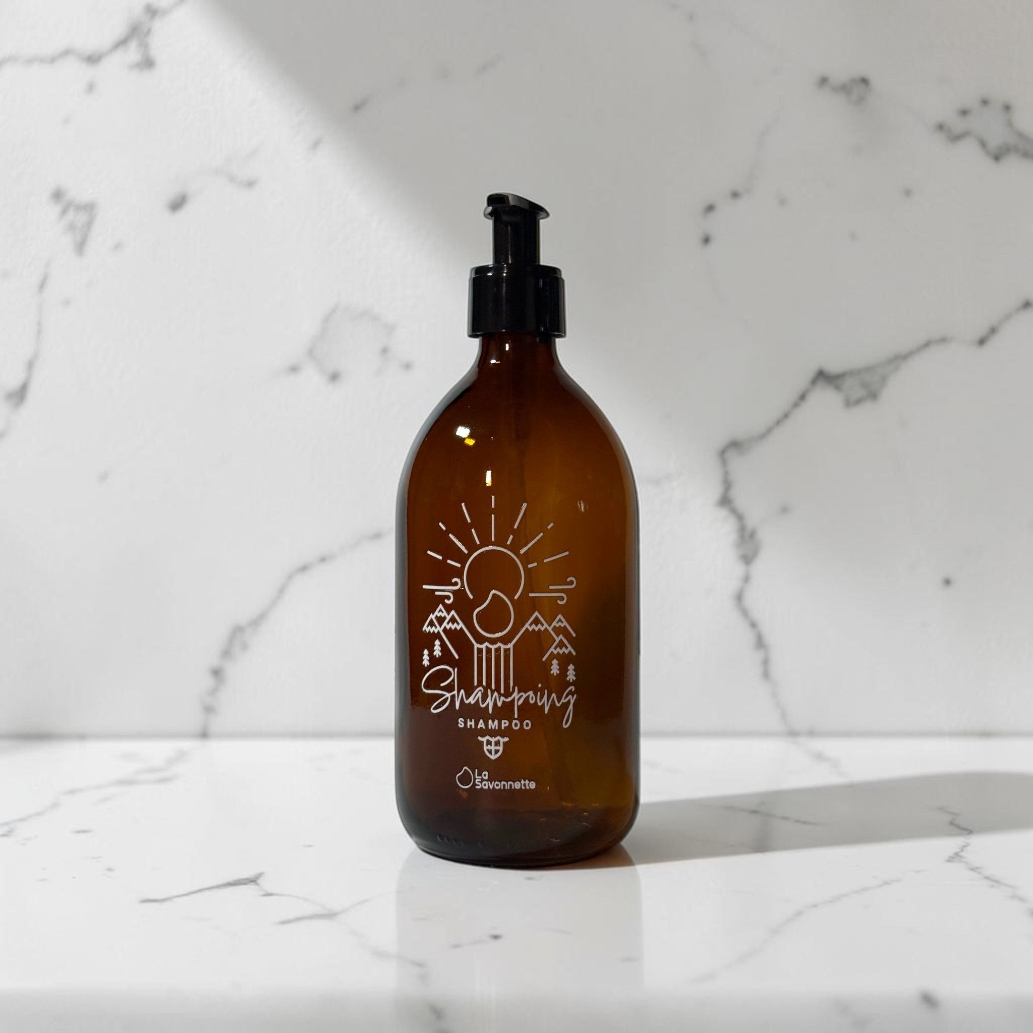 Flacon Verre -  "Shampoing" Montagne - Sérigraphie 3D- 500 ml